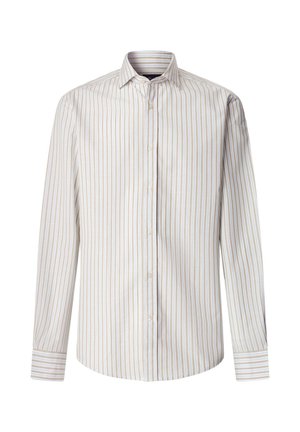 Herenoverhemd met lange mouwen, met beige en witte verticale strepen en een klassieke kraag, tegen een witte achtergrond.