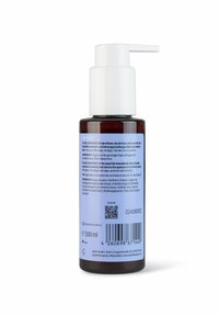 Dunkel bernsteinfarbene Glas-Pumpflasche mit weißem Deckel, ausgestattet mit einem blauen Etikett, das die Inhaltsstoffe und Anwendungshinweise beschreibt. Füllmenge: 100 ml.