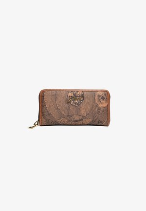 Brown zip-around wallet with black intricate patterns and gold logo detail on the front, set against a white background.