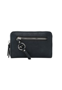 Portefeuille en cuir noir avec fermeture éclair, quincaillerie en argent et un accent circulaire. Il dispose d'une poche zippée à l'avant et d'un détail en frange.