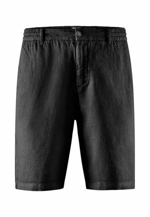 Zwarte knielange shorts met een elastische tailleband, knoopsluiting en zijzakken gemaakt van gestructureerde stof.