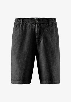 Czarne szorty do kolan z elastycznym pasem, zapięciem na guziki i bocznymi kieszeniami wykonane z teksturowanej tkaniny.