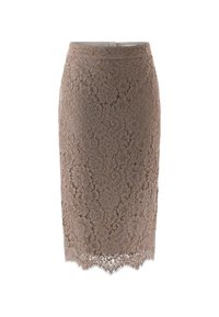 Falda lápiz de encaje en topo con patrones florales, dobladillo festoneado, diseño ajustado y una cremallera lateral discreta con un pequeño acento de hardware.