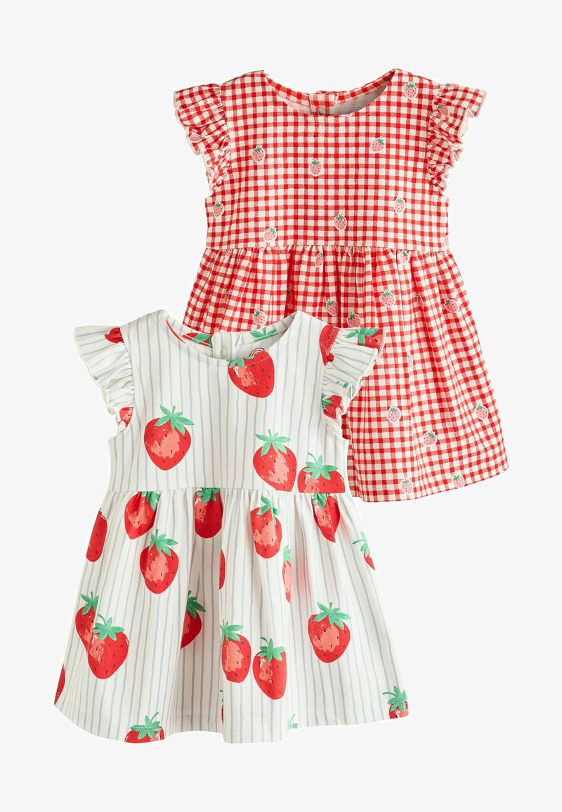 Two sleeveless toddler dresses, one red and white checkered with small strawberries, the other white with vertical stripes and large strawberry prints.