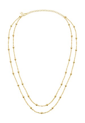 Gold-tone double-strand necklace featuring twisted chain links interspersed with round beads, secured with a lobster clasp.
