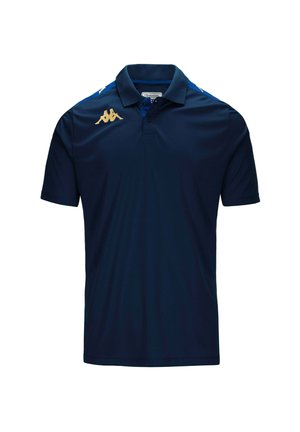 Polo shirt blu navy realizzato in tessuto liscio con un colletto a tre bottoni, caratterizzato da un logo Kappa dorato sul lato sinistro del petto e da dettagli blu sulle spalle.