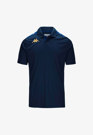 Polo shirt blu navy realizzato in tessuto liscio con un colletto a tre bottoni, caratterizzato da un logo Kappa dorato sul lato sinistro del petto e da dettagli blu sulle spalle.