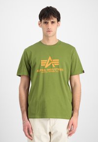 Grøn bomulds T-shirt med et orange logo, der har stjerne- og stribedesign. Korte ærmer, rund hals, afslappet pasform og ensartet tekstur.