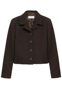 Veste courte marron foncé à boutons, manches longues et col cranté, réalisée en tissu texturé avec une doublure intérieure lisse.