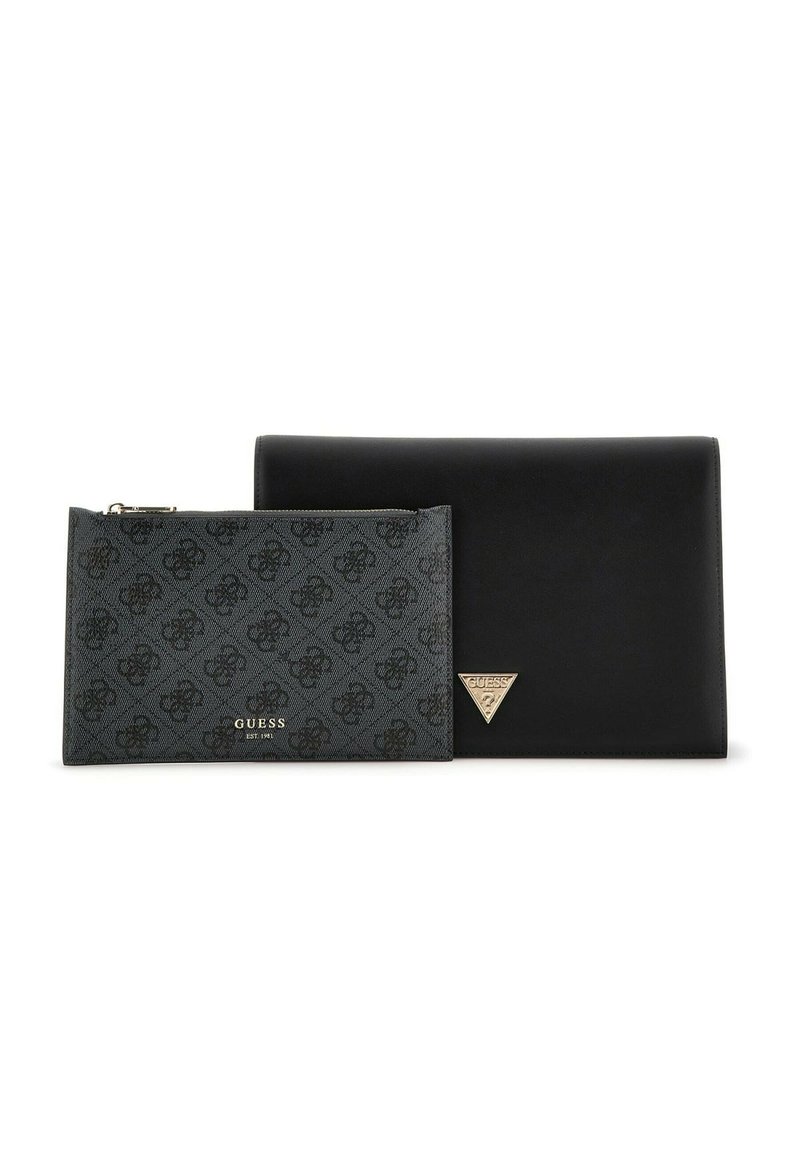 Portafoglio in pelle sintetica nera e borsa con cerniera abbinata con un sottile motivo a rilievo. Accenti in logo e hardware di tonalità dorata. Design semplice e rettangolare.