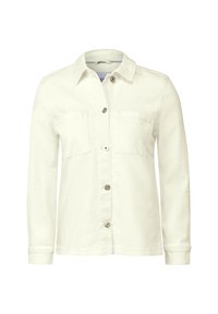 Valkoinen pitkähihaisessa shirts takki kahdella etupussilla, napitus, jäsennelty kaulus ja teksturoitu kangas. Varustettu metallinapeilla.