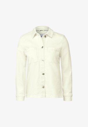 White long-sleeve shirt jacket with two front pockets, button closure, structured collar, and textured fabric. Features metallic buttons.