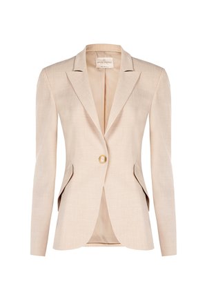 Blazer beige su misura con chiusura a un bottone, rever a incavo, due tasche frontali e maniche lunghe, realizzato in tessuto misto lino.