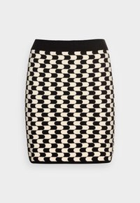 Jupe en tricot noir et crème, avec un motif géométrique de formes alternées. Taille élastique pour un port confortable.
