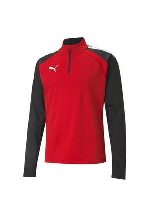 Rode sportieve pullover met zwarte mouwen, half-rits aan de voorkant en PUMA-logo. Heeft een mesh-textuur en contrasterende schouderelementen.