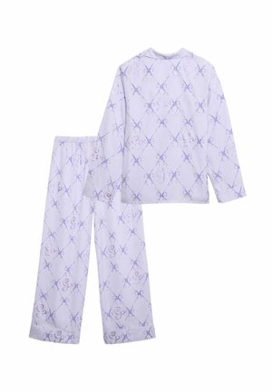 Purple pajama set featuring long-sleeve top and matching pants. Pattern includes light purple bows in a diamond layout with subtle logo accents.