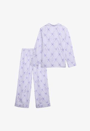 Lila Schlafanzugset mit langärmeliger Bluse und passenden Hosen. Das Muster zeigt helle lila Schleifen in diamantenförmiger Anordnung mit dezenten Logo-Details.