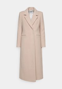 Beige wollen jas met een getailleerd ontwerp, met een geknipte kraag, lange mouwen en twee voorkruiden. Glad textuur en sluiting met één knoop.