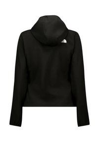 Giacca nera con cappuccio e maniche lunghe, realizzata in tessuto liscio. Presenta un logo sulla parte superiore della schiena, un design semplice e senza motivi visibili.