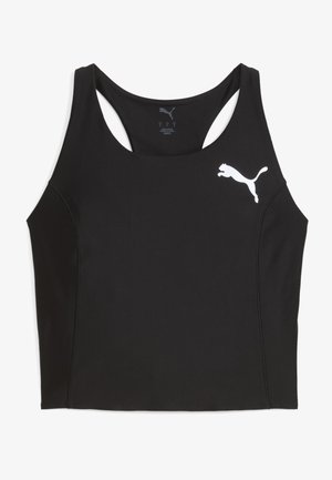 Čierny športový podprsenka vyrobená z elastickej tkaniny, s bezrukávovým dizajnom, výstrihom do tvaru písmena U a bielym logom Puma na ľavej strane.