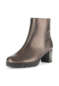 Bronze leather ankle boot with a smooth texture, rounded toe, and a chunky block heel. Black rubber sole with slight tread detail.