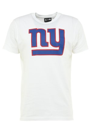 White cotton t-shirt featuring a large blue and red "ny" logo on the front. Classic crew neck design with short sleeves.