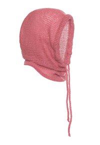 Szydełkowe różowe czapki z teksturowanym wzorem, z kapturem i regulowanymi trokami do włożenia. Miękki, lekki materiał.