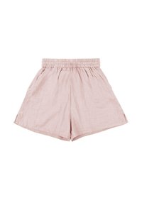 Helle rosa Leinen-Shorts mit elastischem Taillenbund, ausgestattet mit Seitentaschen und einem entspannten Schnitt mit subtilen Falten. Glatte Textur.
