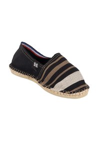 Espadrille rayée noire et beige avec un bout arrondi, tige en toile tissée et semelle en corde de jute, avec une petite étiquette logo sur le côté.