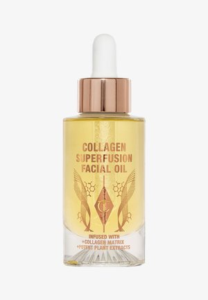 Bottiglia di vetro di olio per il viso giallo con tappo contagocce. Dettagli in oro rosa e branding, con motivi scientifici e dettagli in rilievo.