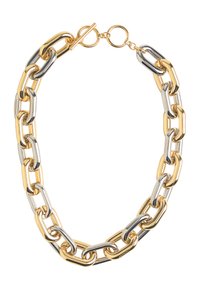 Naszyjnik z łańcuszka z metalu złotego i srebrnego, z owalnymi ogniwami i zapięciem na toggle. Gładka tekstura z naprzemiennie błyszczącymi wykończeniami.