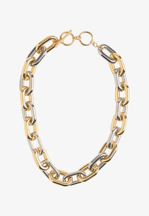 Naszyjnik z łańcuszka z metalu złotego i srebrnego, z owalnymi ogniwami i zapięciem na toggle. Gładka tekstura z naprzemiennie błyszczącymi wykończeniami.