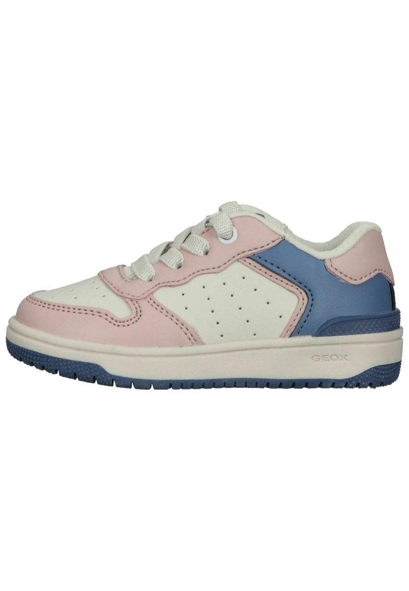 Sneakers per bambini con design a basse. Parte superiore in materiali sintetici bianchi, rosa e blu. Accenti perforati e suola in gomma.