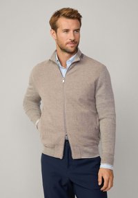 Cardigan zippé marron clair, texture tricotée, avec un col montant, des poignets côtelés et des poches latérales, associé à une chemise bleu clair.