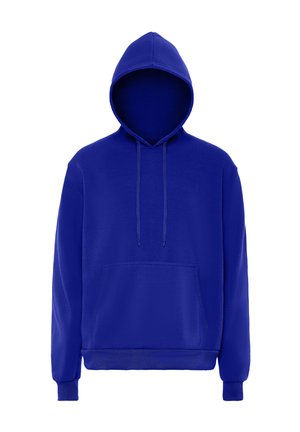 Blauer Pullover-Hoodie mit vorderer Kängurutasche, Kordelzug, gerippten Bündchen und geripptem Bund auf weißem Hintergrund.