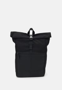 Black roll-top backpack made of textured fabric, featuring a front zip pocket, adjustable buckle closure, and top carry handle.