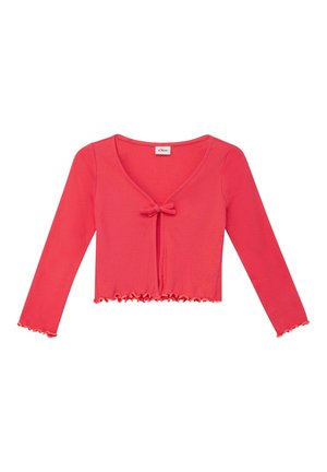 Koraalroze cropped vest met lange mouwen, gerimpelde randen, een striksluiting en een v-hals.