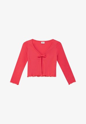Cardigan court rose corail à manches longues, bords froncés, fermeture par nœud et décolleté en V.
