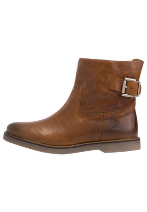 Brown leather ankle boot with a smooth finish, featuring a side buckle and logo detail. The sole is flat with a slight heel.
