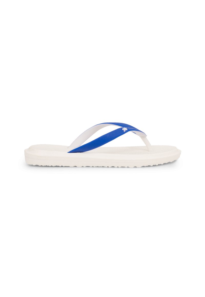 Weißer Flip-Flop mit blauen Gummiholmen, ausgestattet mit einem strukturierten Fußbett und einer gerippten Sohle für besseren Halt. Akzentuiert durch ein kleines Logo an dem Riemen.