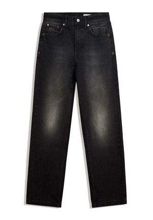 Jeans in denim nero con una vestibilità rilassata. Presentano un leggero sbiadimento, cinque tasche e cuciture gialle a contrasto lungo le cuciture.