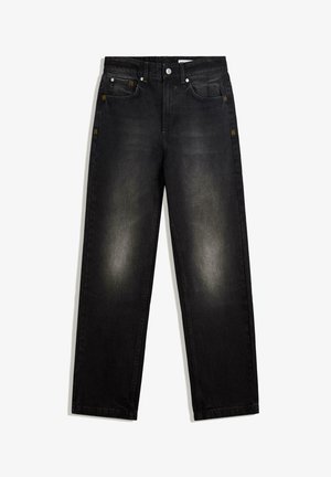 Jeans in denim nero con una vestibilità rilassata. Presentano un leggero sbiadimento, cinque tasche e cuciture gialle a contrasto lungo le cuciture.