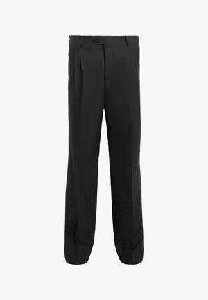 Black trousers with a straight-leg design, featuring pleats, a single button closure, and belt loops. Made from smooth fabric.
