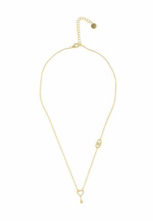 Delicata collana a catena d'oro con un fermaglio regolabile e un piccolo ciondolo a forma di chiave a cuore al centro.