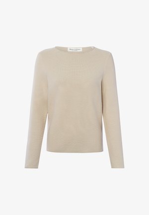 Beige long-sleeve crewneck sweater with a subtle ribbed texture and a brand label at the inside neckline.