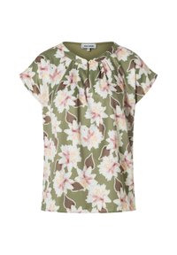 Short-sleeved, floral blouse in olive green, featuring pink and brown flower patterns, soft fabric, and a round neck with pleat detailing.