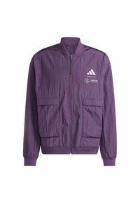 Purple bomber jacket made from lightweight material, featuring a zip front, two front pockets, ribbed cuffs, and logo accents.