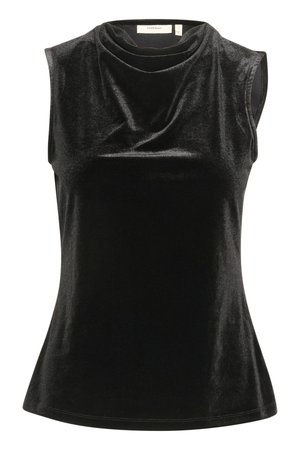 Top nero senza maniche in velluto con leggero scollo drappeggiato e dettaglio in vita aderente, taglia piccola, marca InWear.