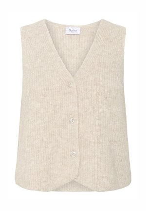 Off-white, ribbed vest with a V-neck and four buttons featuring a floral design. Made of soft fabric with a relaxed fit and rounded hem.