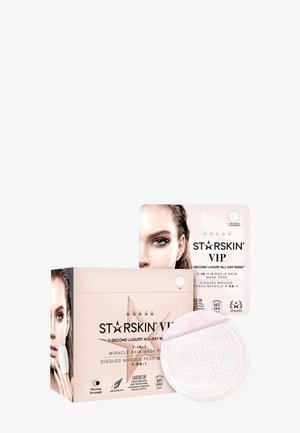 Disques de masque facial STARSKIN VIP 7-en-1 présentés dans une boîte et un sachet, avec un disque rond texturé à l’avant.